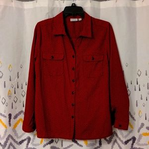 Kim Rogers Deep Red with Black Geo Print Adjustable Sleeve Blouse. Petite Large